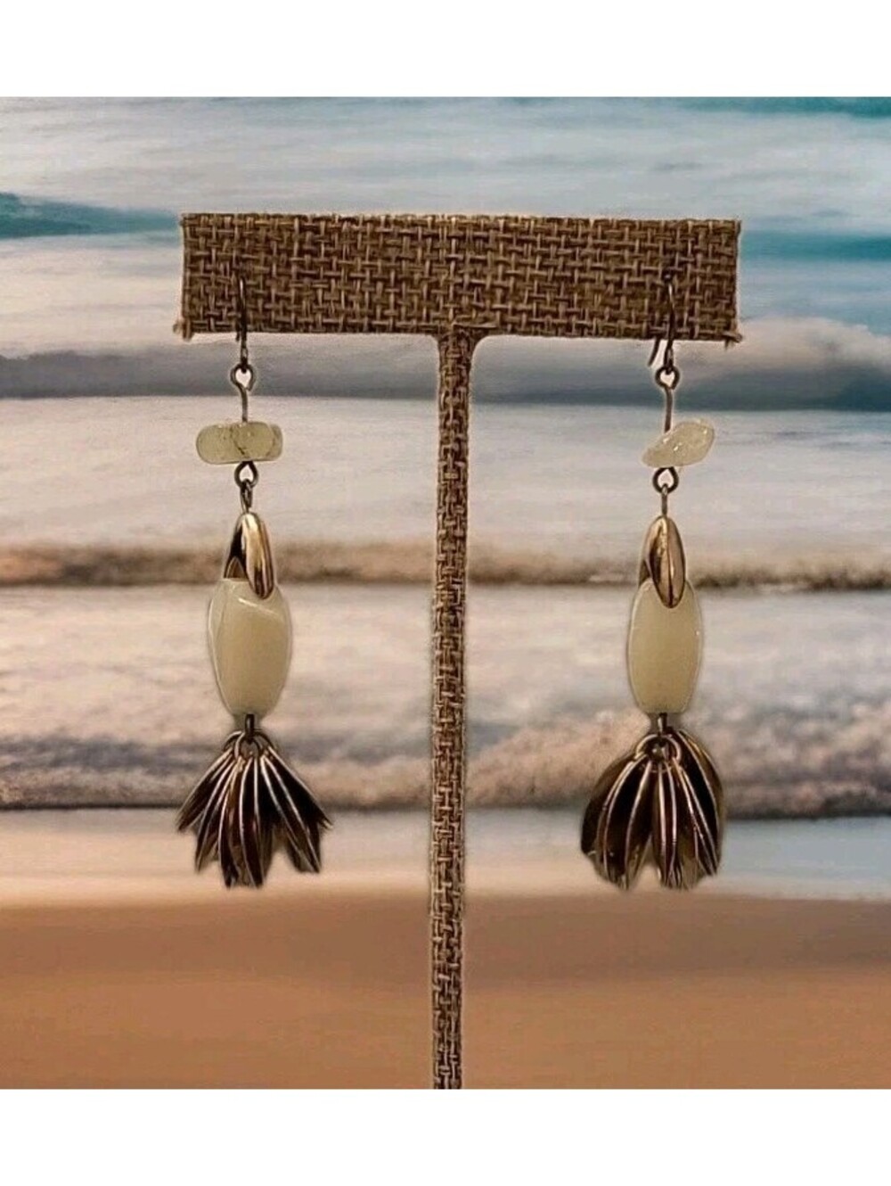 Vintage Dangle Leaf Drip Drop Earrings White Quartz Crystal w Gold 2.5" LengthK1